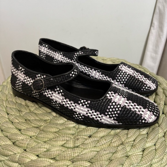 Anthropologie Maeve Black/White Leather Square Toe Woven Mary Jane Flats NWT - Picture 2 of 14